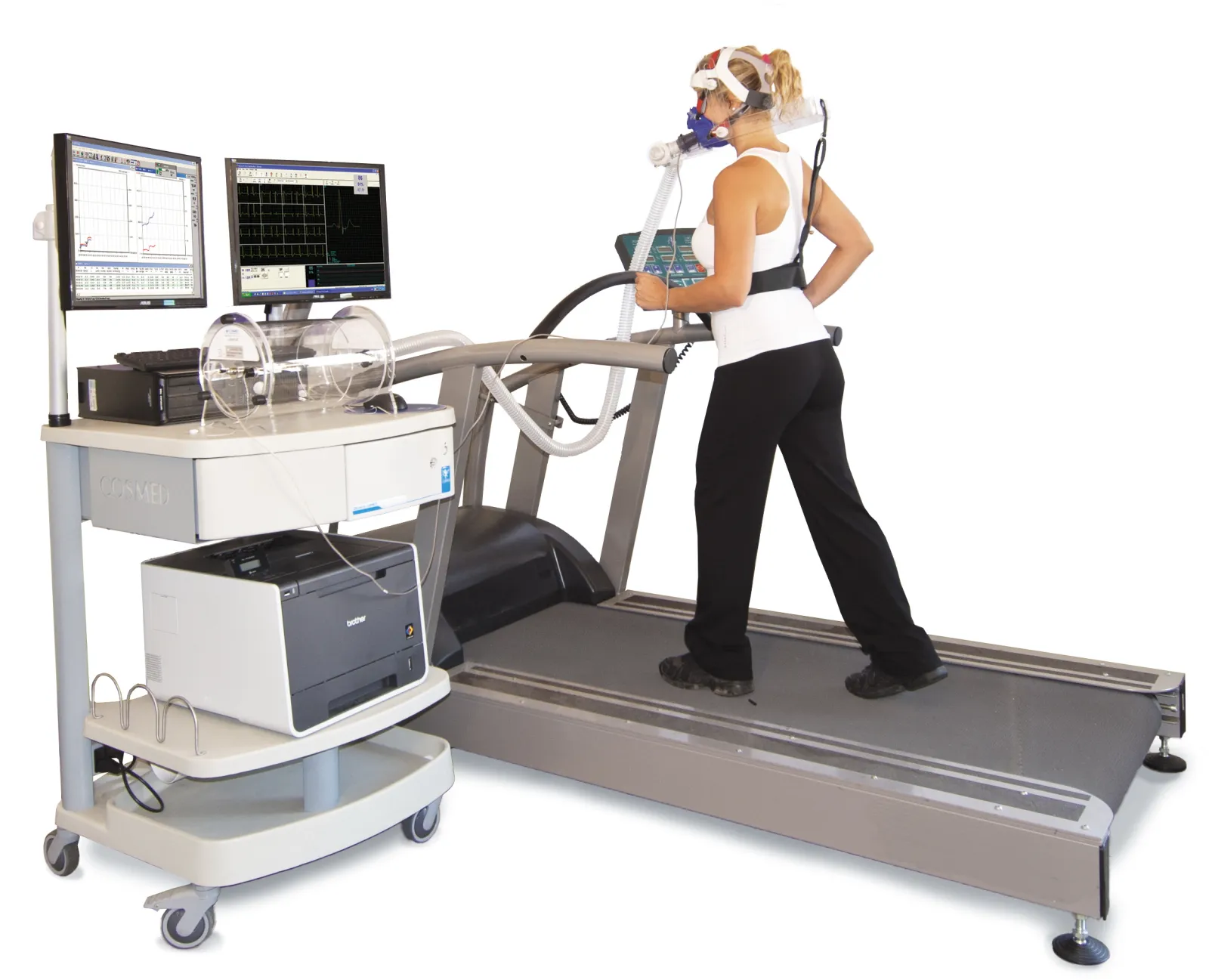 A cardiopulmonary exercise testing setup with a metabolic cart, face mask and treadmill